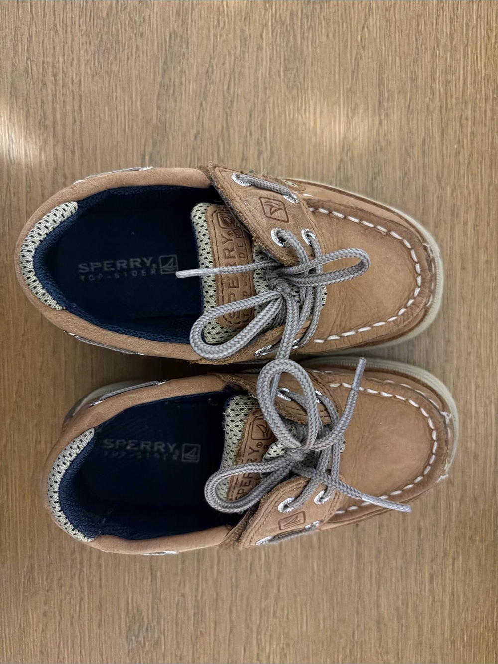 Sperry Toddler Tan Leather Moccasin Boat Shoes with Gray Laces
